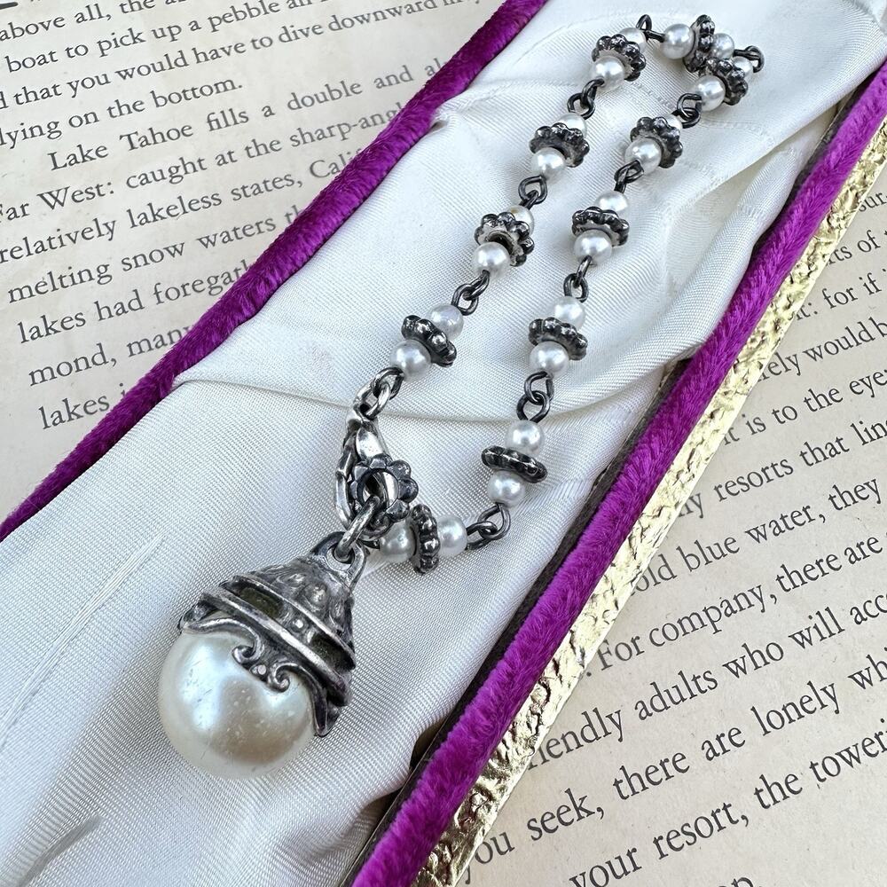 Renaissance Revival Pearl Drop Bracelet Gothic Silver Tone Baroque Victorian 7.5